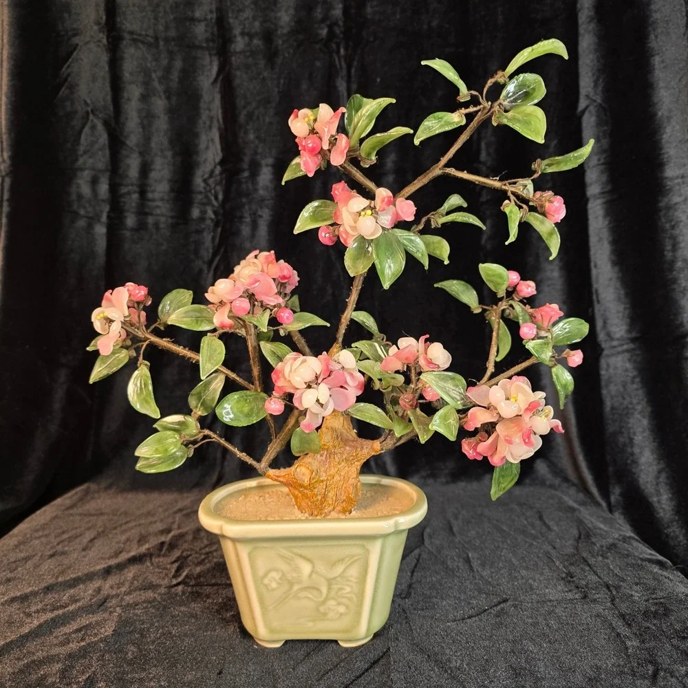 VTG Chinese Peking Glass Bonsai Tree Pink Cherry Blossom Celadon Crane 13